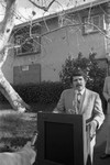 Zev Yaroslavsky speaking at an outdoor lectern, Los Angeles, 1981