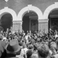 Martin Luther King Jr. speaking to a crowd gathered in front of Brown Chapel AME Church in Selma, Alabama, before the start of the Selma to Montgomery March.