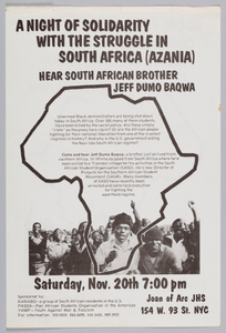 Flyer announcing a night of solidarity with South African liberation