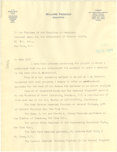 Letter from Willard Paddock to the Chairman of the Committee on Memorials, NAACP