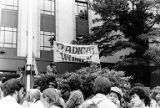 Bakke Decision Protest depicting people holding protest signs and gathering on the steps of the United States Courthouse in Seattle, Washington, 1977