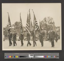 Men holding American flags in a parade