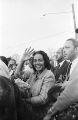 Coretta Scott King smiling and waving on the last day of the Selma to Montgomery March in Montgomery, Alabama.