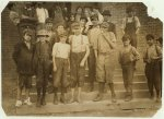 Photos taken during noon hour, October 23rd, 1912, at the Loray Mills, Gastonia, N.C. They said they were working and went in to work. At night I counted over thirty children coming out when the whistle blew, and they seemed to be from ten to twelve years old. The Superintendent was much disturbed over the photos.  Location: Gastonia, North Carolina.