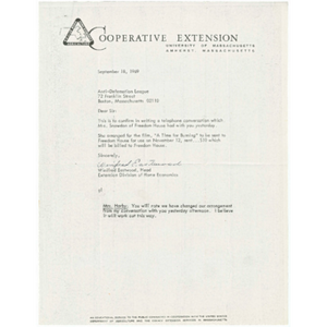 Letter from Winifred Eastwood, Head of the Extension Division of Home Economics, to the Anti-Defamation League about film A time for burning