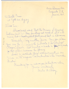 Letter from Mila M. Bray to W. E. B. Du Bois