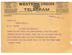 Telegram from Julian W. Perry to W. E. B. Du Bois