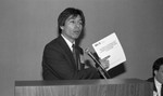 Man speaking on minority employment at an ABA meeting, Los Angeles, 1990