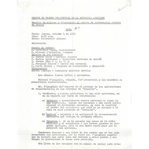 Meeting minutes, Comite des Padres Pro-Defensa a la Educación Bilingue, October 9, 1975.