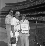 Ethel Bradley with Tommy Lasorda announcing Dodger's Day, Los Angeles, 1977