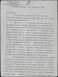 Cattell, James McKeen, 1860-1944 typed letter (copy) to J. Mark Baldwin, Garrison-on-Hudson, 7 December 1903