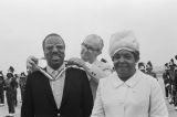 Erskine Hawkins receiving the key to the city from council president Don Hawkins at the airport in Birmingham, Alabama.