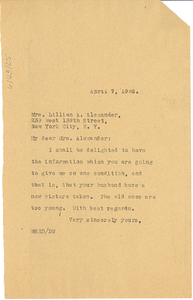 Letter from W. E. B. Du Bois to Lillian A. Alexander