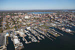 An October 2017 aerial view of Portland, Maine, and its busy harbor