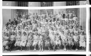 Group of students on steps of building, incl. boy with large G on sweater : panoramic acetate film photonegative