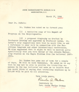 Letter from Anson Phelps Stokes to W. E. B. Du Bois