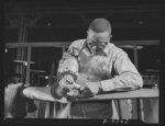 Manpower. Negro aircraft propeller workers. America draws its manpower from various races for the war production drive. This skilled Negro worker is grinding profile and radius on the leading edge of a blade in a large Eastern propeller factory. Even the slightest mistake in this operation may ruin the entire blade. Curtiss-Wright Propeller Division. Caldwell, New Jersey