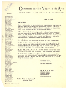 Circular letter from Committee for the Negro in the Arts