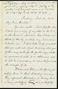 Letter from William Lloyd Garrison, Roxbury, [Mass.], to Wendell Phillips Garrison, Feb. 18, 1878