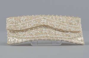 Ivory satin clutch with sequins and beading from Mae's Millinery Shop