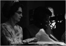 Mrs. Hardy and Unita Blackwell seated at a table before the Senate Subcommittee on Employment, Manpower, and Poverty, during a hearing at the Heidelberg Hotel in Jackson, Mississippi.