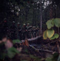 Soldiers crossing a log bridge on a military exercise at the U.S. Army training facility at Fort McClellan near Anniston, Alabama.