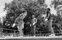 Three boys compete in Peace Train's Breaking & Popping Contest, Bushnell Park 1983