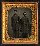 [Two unidentified soldiers in Union uniforms, one younger and one older, possibly son and father, with bayoneted rifle muskets and side knives]