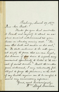 Letter from William Lloyd Garrison, Roxbury, [Mass.], to Mrs. Bush, March 29, 1877