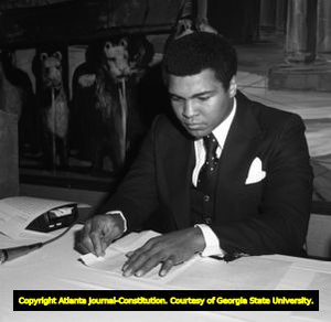 Muhammad Ali during a press conference discussing the Atlanta Sports Hall of Fame, 1976