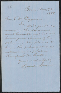 Lysander Spooner autograph letter signed to Thomas Wentworth Higginson, Boston, 28 November 1858