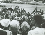 People gather outside