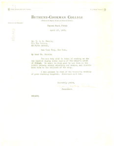 Letter from Mary McLeod Bethune to W. E. B. Du Bois