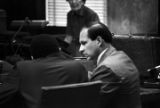 Anthony Ray Hinton conferring with his lawyer, Sheldon Perhacs, during his capital murder trial in Birmingham, Alabama.