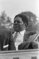 Willie Mays on the speaker's platform during the dedication of Willie Mays Park in Fairfield, Alabama.