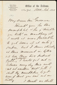 Thumbnail for Letter from Sydney Howard Gay, Office of the Tribune, New York, to William Lloyd Garrison, Nov. 1st, 1862