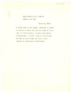 Memorandum from W. E. B. Du Bois to James Weldon Johnson