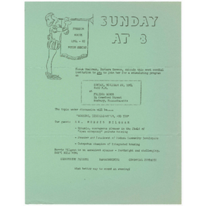 Flier promoting Freedom House Civic Center forum, Sunday at 8 Housing, discrimination and you, featuring Morris Milgram