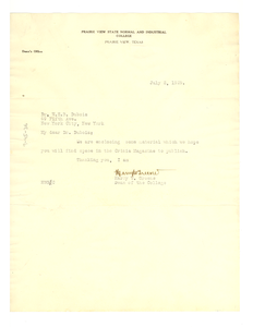 Letter from Prairie View State Normal and Industrial College to W. E. B. Du Bois