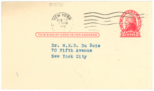 Postcard from National Association for the Advancement of Colored People to W. E. B. Du Bois