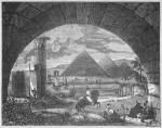 View of the pyramids, ruins of a temple, river with boats, and people engaged in daily activities