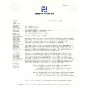 Letter, Carmen Pola and Barbara Meyers, October 13, 1981.