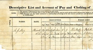 Descriptive list and account of pay and clothing of Private A.J. Roy, May 17, 1865