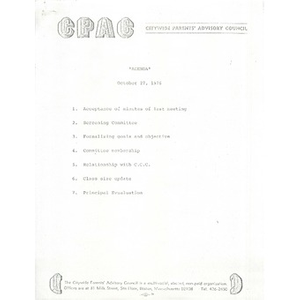 Citywide Parents' Advisory Council agenda and meeting minutes, October 27, 1976.