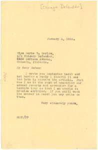 Letter from W. E. B. Du Bois to Chicago Defender