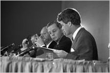 Senators George Murphy, Jacob Javits, Joseph Clark, and Robert F. Kennedy of the Senate Subcommittee on Employment, Manpower, and Poverty, listening to testimony during a hearing at the Heidelberg Hotel in Jackson, Mississippi.