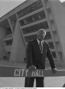 Fred L. Blair portrait in front of Dallas city hall