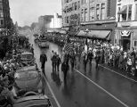 Centennial Parade with African American soldiers in uniform marching, Bloomington, Illinois, September 20, 1950