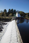 The Canaan Dam, a 27-foot hydroelectric dam spanning the Connecticut River between Stewartstown, New Hampshire, and Canaan, Vermont, 373 miles from the river's mouth in Connecticut. This view is from the New Hampshire side of the river