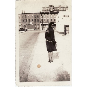 "Winnie" Irish models a jacket on Haskins Street